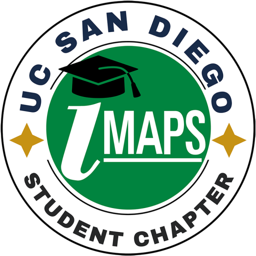 IMAPS UC San Diego logo which has the IMAPS logo in the middle with a graduation cap on the "I". "UC San Diego" text is around a circle on the top in navy. The words "STUDENT CHAPTER" are below in black. On the left and right are gold stars.